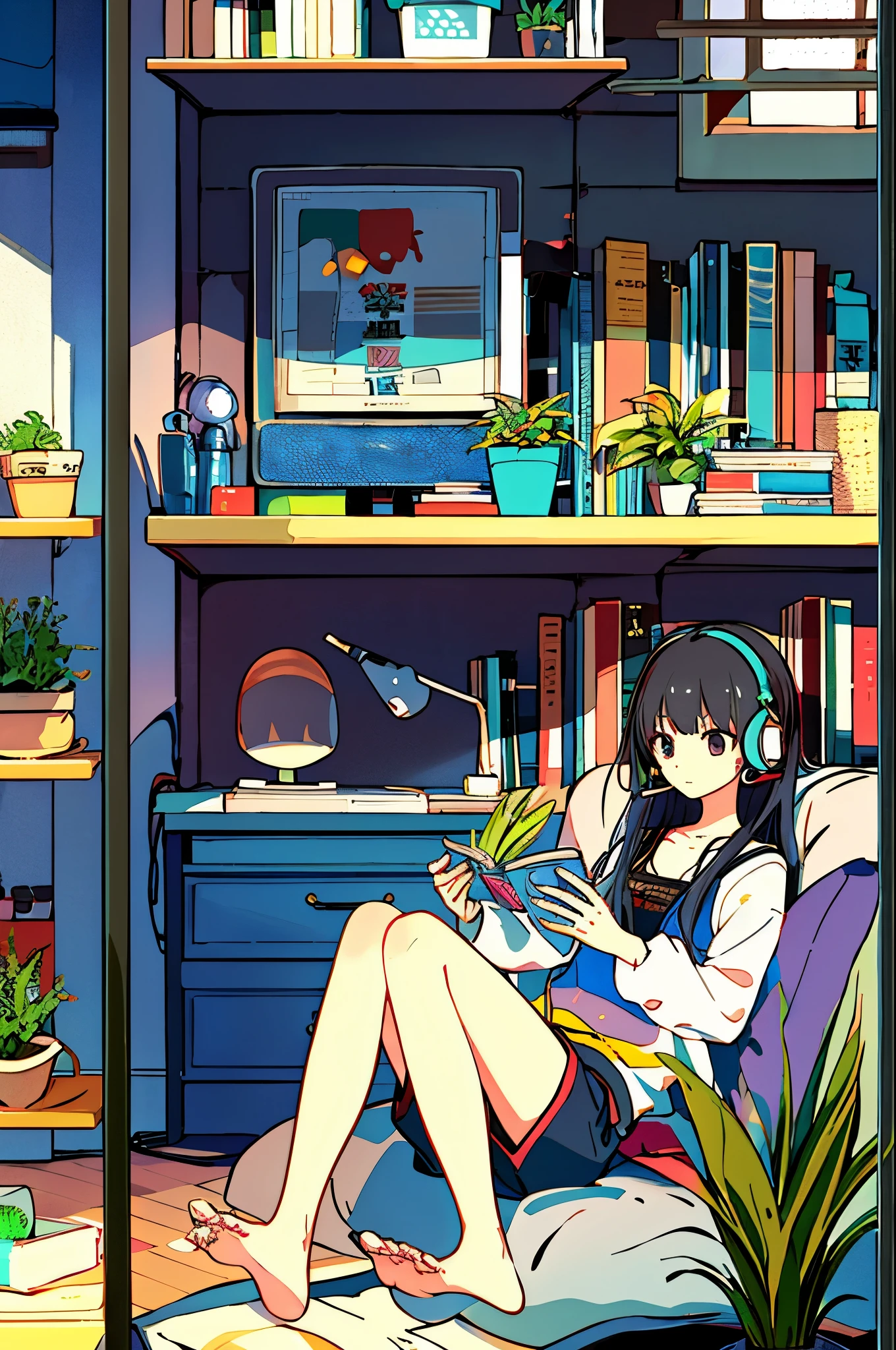 One Girl, From above, plant, Black Hair, Cat, Lying down, indoor, Holding, Long sleeve, Long Hair, 動物のstuffed toy, potted plant, Book, food, window, Telephone, Fully equipped interior, tv set, short hair, behind, stuffed toy, bangs, slipper, barefoot, Sitting, Bookcase, shelf, cable, computer、headset