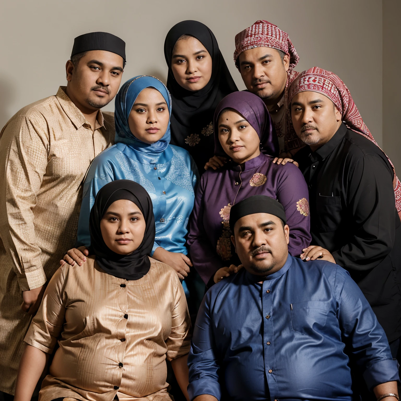 Studio photo of a family consisting of 8 people. 1 mother and 1 father, slightly fat, 70 years old, wearing Muslim batik clothes then 4 rather fat adult men wearing Muslim batik shirts there was 1 fat woman wearing Muslim clothes and 3women wearing Muslim batik clothes