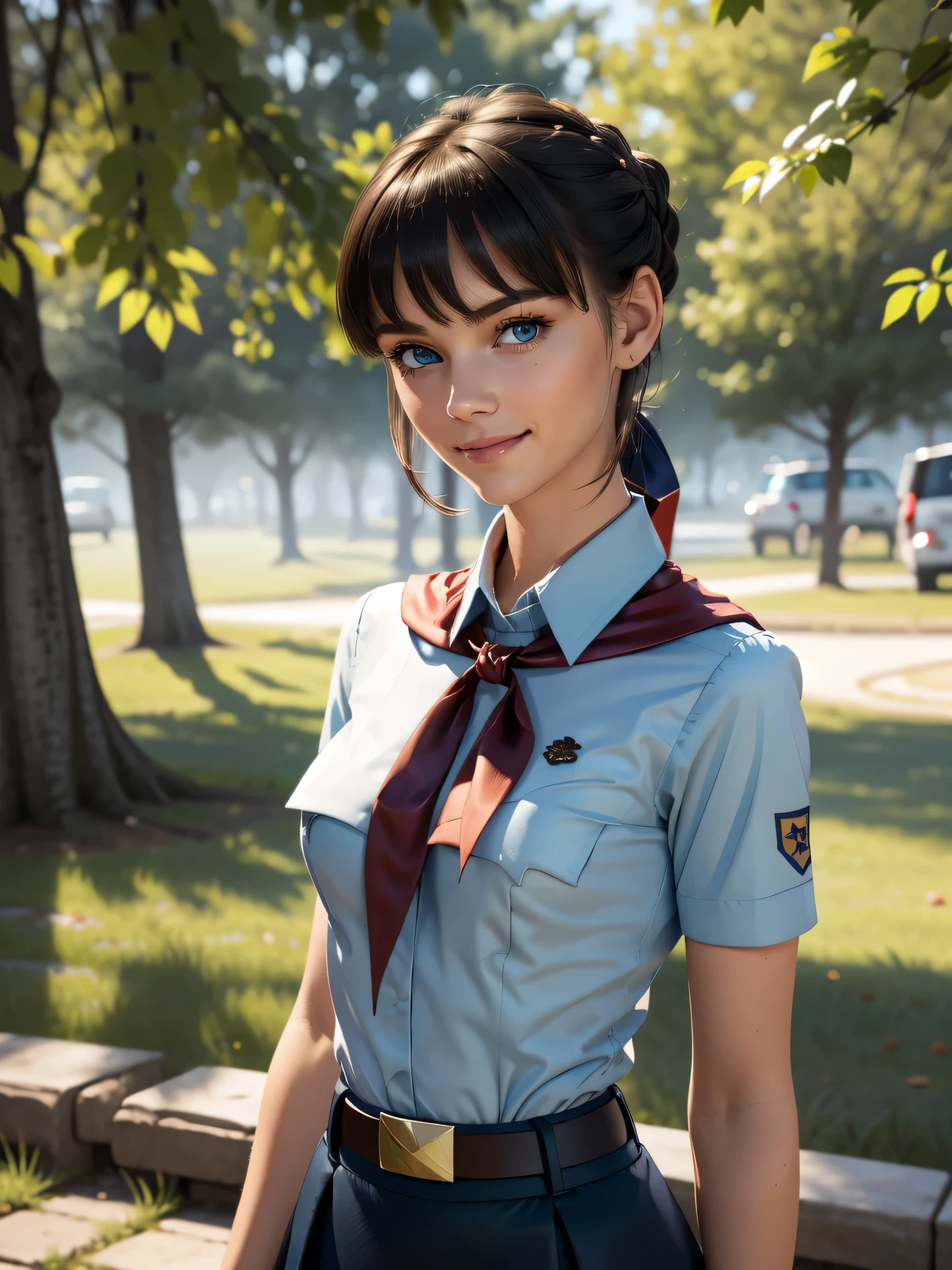 very young slim fit girl, full height, rounded face, big blue eyes, shy smile, perfect flat breast, pioneer neckerchief, micro tight blue pleated skirt, bangs, tight white shirt, short sleeves, collared shirt, belt, red neckerchief, breast pocket, braid, hair ribbon, blue ribbon, short hair, hair bun, saber