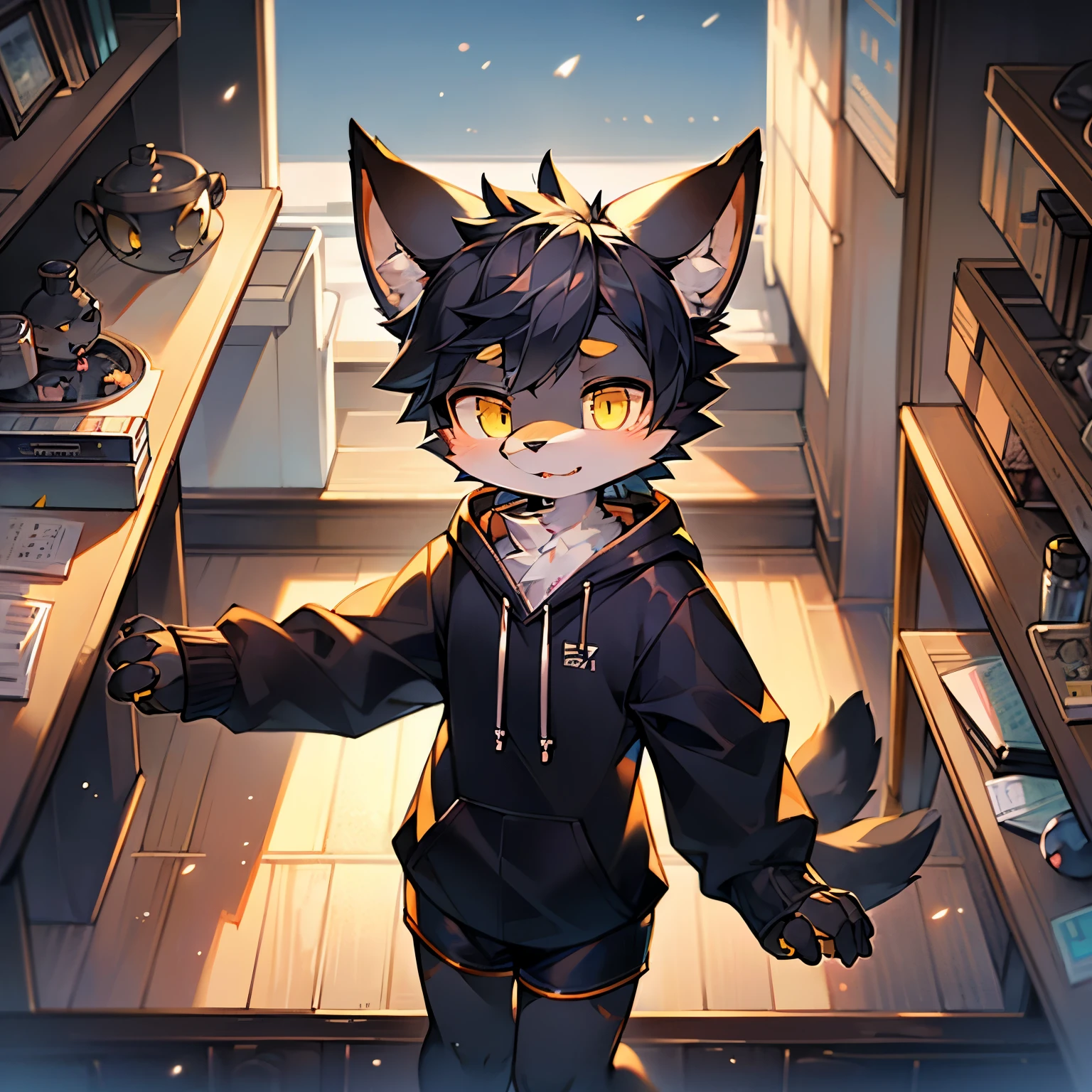 A black cat, furry, furry boy, 8 years old, 5 year old black cat, shota furry boy, whit yellow eyes, yellow eyes, black cat furry boy, shota, Cute hoodie, cute shorts, wearing a hoodie and shorts