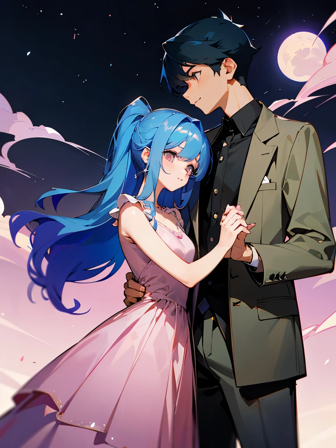 cartoon of a boy and a girl standing close together, ddlc, in the art style of 8 0 s anime, 9 0 s anime style, 90s anime style, in anime style, in an anime style, anime aesthetic, anime vibes, 9 0 s anime aesthetic, 9 0 s anime art style, lofi boy and girl, beautiful background outside, background at night with stars and a moon, fairy lights, beautiful background in a floral garden with fairy lights at night, a cute boy and a cute girl, beautiful faces, a boy and a girl, don't extra hands, NO extra hands, generate a boy and a girl with NO extra hands, NO extra arm, the boy has a short hairstyle and the girl has a long hairstyle, the boy has blue hair, the girl has pink hair, pretty faces, cute pretty boy in a smoking dress, cute pretty girl in a beautiful dress, with amazing smile, boy has a pretty smile, girl has a cute smile, cartoon of a boy and a girl standing close together, ddlc, in the art style of 8 0 s anime, 9 0 s anime style, 90s anime style, in anime style, in an anime style, anime aesthetic, anime vibes, 9 0 s anime aesthetic, 9 0 s anime art style, lofi boy and girl, beautiful background outside, background at night with stars and a moon, fairy lights, beautiful background in a floral garden with fairy lights at night, a cute boy and a cute girl, beautiful faces, a boy and a girl, don't extra hands, NO extra hands, generate a boy and a girl with NO extra hands, NO extra arm, the boy has a short hairstyle and the girl has a long hairstyle, the boy has blue hair, the girl has pink hair, pretty faces, cute pretty boy in a smocking dress, cute pretty girl in a beautiful dress, with amazing smile, boy has a pretty smile, girl has a cute smile  