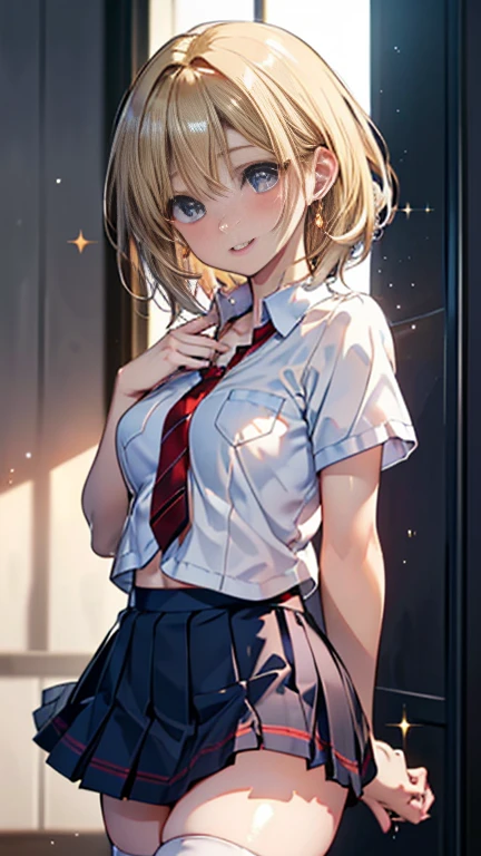 (((UHD)), ((highest quality)), ((masterpiece)), (Very detailed), (High resolution), (Beautiful detailed sparkle), (High detail), (Anatomically correct)), ((Realistic)), 8k, 1080P, 

(((One Woman))), 
(Symmetrical facial features:1.4, Perfect Face), Beautiful clavicle, (Beautiful fingers), (((Beautiful breasts, Slightly smaller chest))), 
Beautiful body, Beautiful thighs, Beautiful feet, Perfect round butt, (((Detailed skin, Textured skin, Beautiful shiny white skin))), 

(Baby Face, cute, 18-year-old), 
(Beautiful Nose,Thin Nose), 
(Glossy Lips, Beautiful Lips, thick lips), 

(Beautiful Hair, Shiny Hair, Shiny Hair), Hair fluttering, (((Blonde, short hair))), 

((Collared short-sleeved shirt, White shirt, Red checkered pleated skirt, Red tie))、((Navy blue knee socks、Black Loafers))、 Earrings、 

((noon、Sunlit coast)), 
(Enchanting、smile、Embarrassed expression、Blushing), 
(Character Focus, Cowboy Shot, turn around), 

