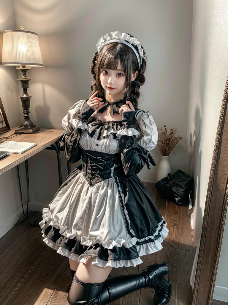 Accurate depiction with high resolution,(8K, Photorealistic, Raw photo, of the highest quality: 1.3), (1girl in), Super beautiful, (Realistic face), (boyish, Silver Color Berry Shorthair), Beautiful , Glare that captivates the viewer, Beautiful expression, Beautiful breasts, (Realistic skin), Be...Super high quality, super high definition, super detailed, masterpiece, 20years old, female, cute, perfect face, beautiful, nice body, gothic lolita clothes, gothic lolita fashion, frilly skirt, headdress, necklace, bracelet, knee-high socks, boots, double eyelids, tear bags, Detailed down to the fingers, photo-like description, indoors, dim indoor lighting, black hair, semi long, standing, whole body, composition that shows the whole body, smiling