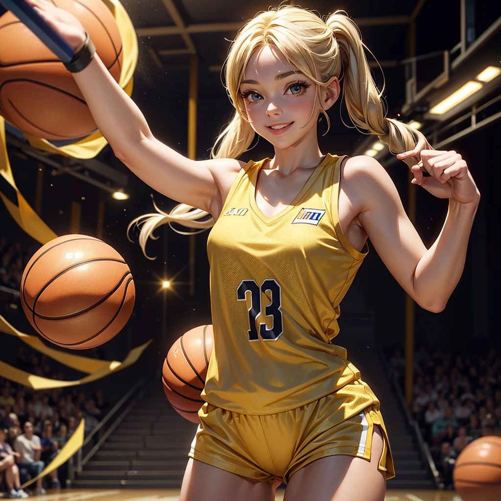 (masterpiece), (best quality), (detailed), light layer, 1solo girl, young girl, perfect body, blonde hair in pigtails, defined chest, defined collarbone, ultra realistic, photorealistic, detailed, ,Enhance, wearing a gold basketball jersey, gold booty short, basketball court background, smiling