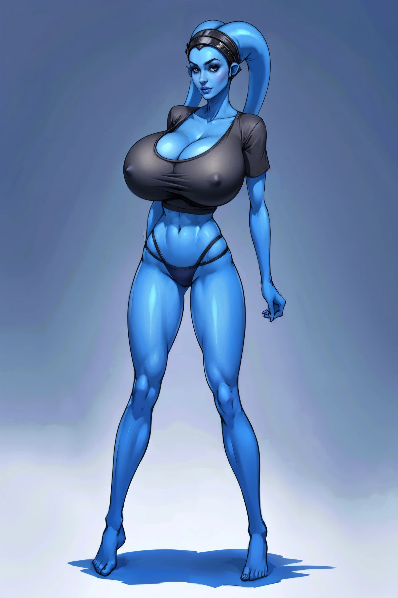 Tall, (thin), Blue Skin Twi'lek with (huge breasts) wearing an oversized t-shirt, panties, huge breasts, tall, graceful, (tall), slim hips, small waist, full-body shot