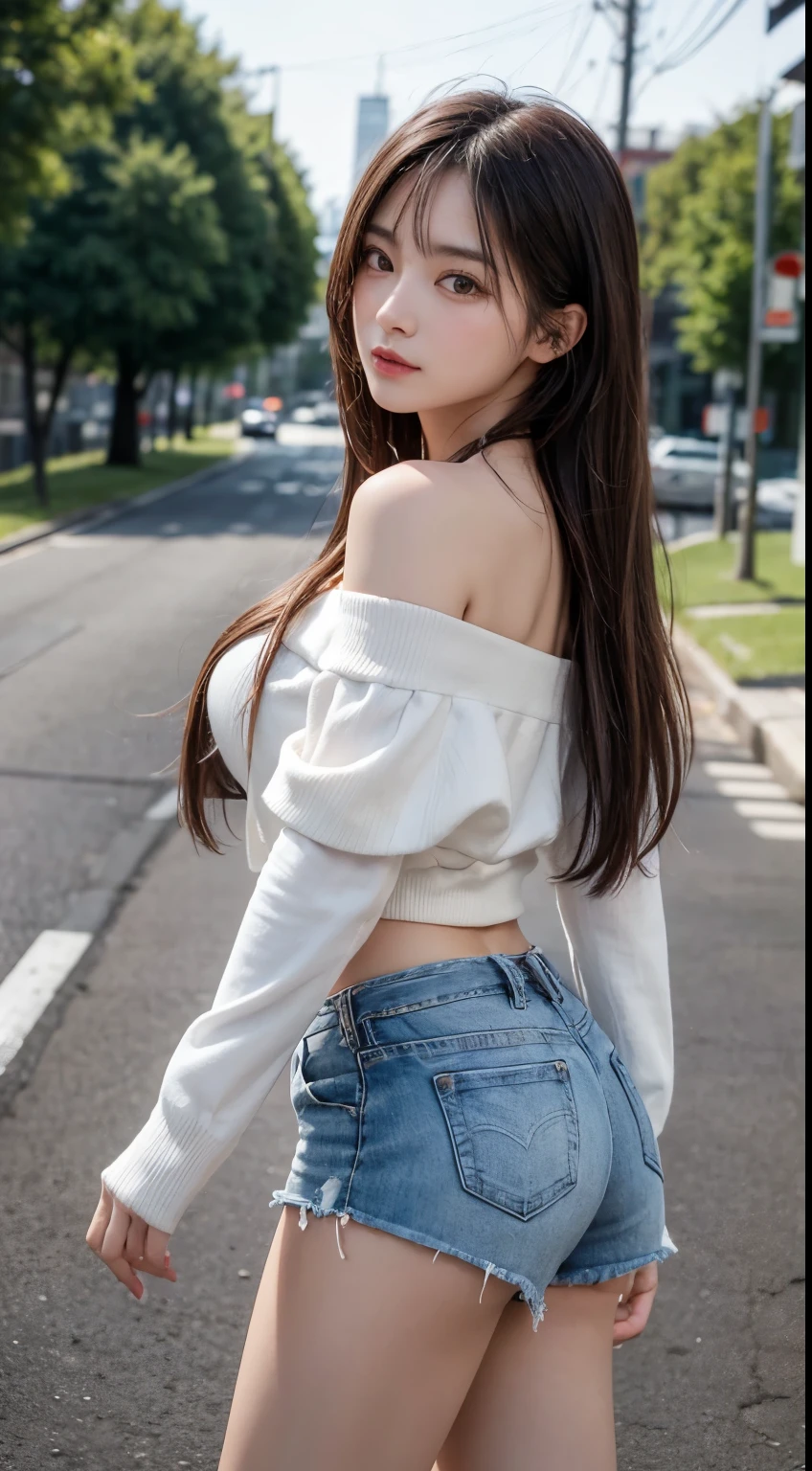 8k, Absurd, 4K, High resolution, ultra detailed, 最high quality, insanely detailed, masterpiece, beautiful, high quality, detailed, hyper detailed, Exquisite, girl, smile, (walking:1.3), View your viewers, Long Hair, Straight hair, Brown Hair, We say,See-through bangs、 Droopy eyes, Shiny skin, detailed skin, detailed face, glamorous, Sensual, Curvy, beautiful ass, beautiful breasts, (Idol, Off the shoulder, Shorts, Sneakers:1.3), Curvy, JapaneseIdol, Cute face, teenager, Japanese, on the road, on the road, RAW Photos, Real person, Realistic, Ultra-realistic photos, Portrait Photography, Browsing Caution, Cowboy Shot, from the front, Low angle shot, Depth of written boundary, Cinema Lighting, sharp