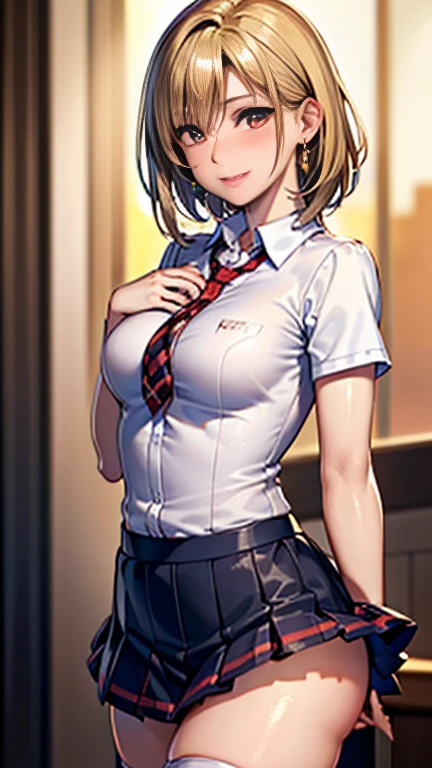 (((UHD)), ((highest quality)), ((masterpiece)), (Very detailed), (High resolution), (Beautiful detailed sparkle), (High detail), (Anatomically correct)), ((Realistic)), 8k, 1080P, 

(((One Woman))), 
(Symmetrical facial features:1.4, Perfect Face), Beautiful clavicle, (Beautiful fingers), (((Beautiful breasts, Slightly smaller chest))), 
Beautiful body, Beautiful thighs, Beautiful feet, Perfect round butt, (((Detailed skin, Textured skin, Beautiful shiny white skin))), 

(Baby Face, cute, 18-year-old), 
(Beautiful Nose,Thin Nose), 
(Glossy Lips, Beautiful Lips, thick lips), 

(Beautiful Hair, Shiny Hair, Shiny Hair), Hair fluttering, (((Blonde, short hair))), 

((Collared short-sleeved shirt, White shirt, Red checkered pleated skirt, Red tie))、((Navy blue knee socks、Black Loafers))、 Earrings、 

((noon、Sunlit coast)), 
(Enchanting、smile、Embarrassed expression、Blushing), 
(Character Focus, Cowboy Shot, turn around), 

