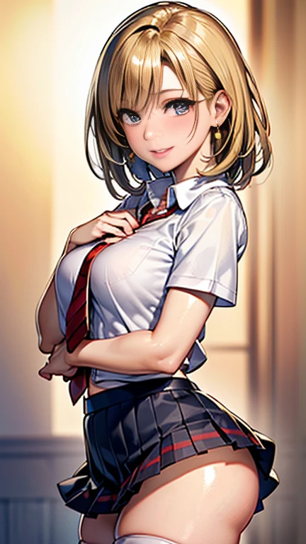 (((UHD)), ((highest quality)), ((masterpiece)), (Very detailed), (High resolution), (Beautiful detailed sparkle), (High detail), (Anatomically correct)), ((Realistic)), 8k, 1080P, 

(((One Woman))), 
(Symmetrical facial features:1.4, Perfect Face), Beautiful clavicle, (Beautiful fingers), (((Beautiful breasts, Slightly smaller chest))), 
Beautiful body, Beautiful thighs, Beautiful feet, Perfect round butt, (((Detailed skin, Textured skin, Beautiful shiny white skin))), 

(Baby Face, cute, 18-year-old), 
(Beautiful Nose,Thin Nose), 
(Glossy Lips, Beautiful Lips, thick lips), 

(Beautiful Hair, Shiny Hair, Shiny Hair), Hair fluttering, (((Blonde, short hair))), 

((Collared short-sleeved shirt, White shirt, Red checkered pleated skirt, Red tie))、((Navy blue knee socks、Black Loafers))、 Earrings、 

((noon、Sunlit coast)), 
(Enchanting、smile、Embarrassed expression、Blushing), 
(Character Focus, Cowboy Shot, turn around), 

