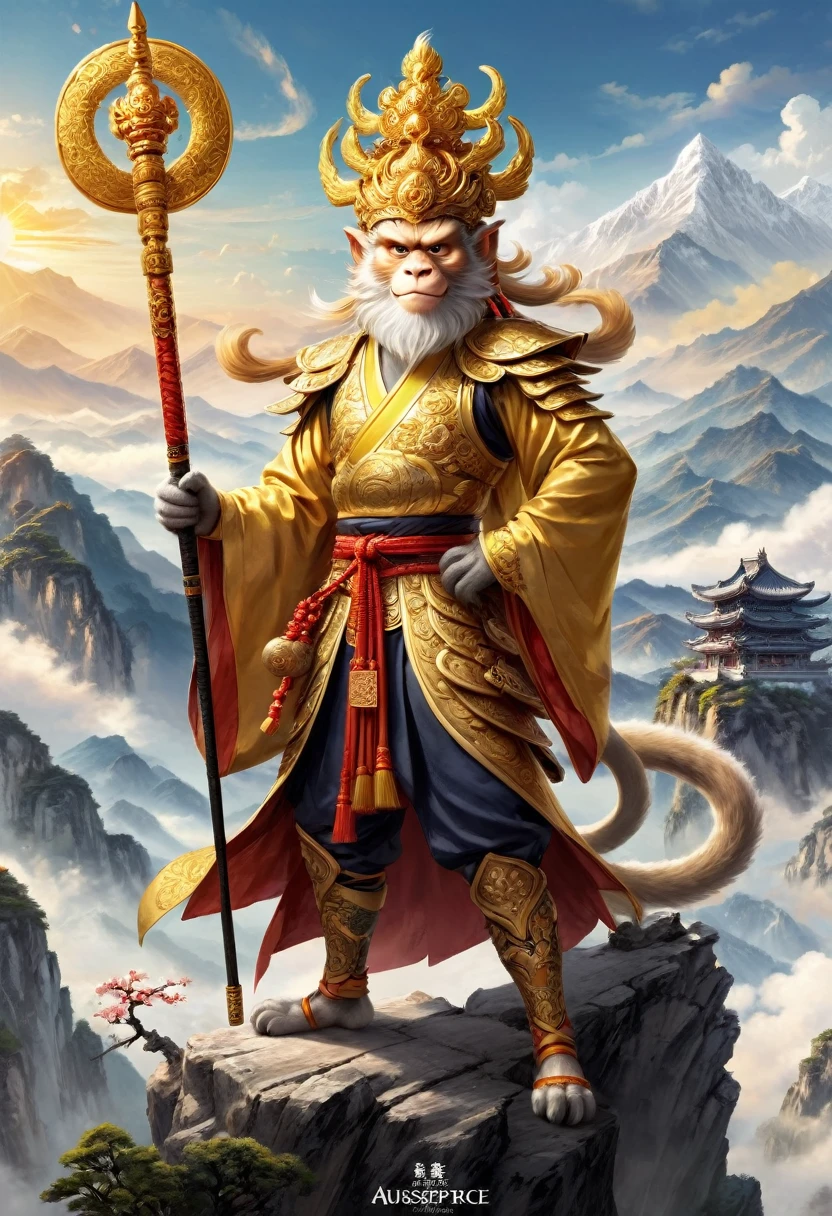 (On a mountaintop that pierces the heavens, the Monkey King stands tall. His eyes sparkle with intelligence and wit, his playful grin hinting at his mischievous nature. His golden staff rests upon his shoulder, a symbol of his immense power and unwavering confidence.:0.5) ([Fashion Sketch|Movie Poster Design]:1.3), (masterpiece, best quality, Professional, perfect composition, very aesthetic, absurdres, ultra-detailed, intricate details:1.3)