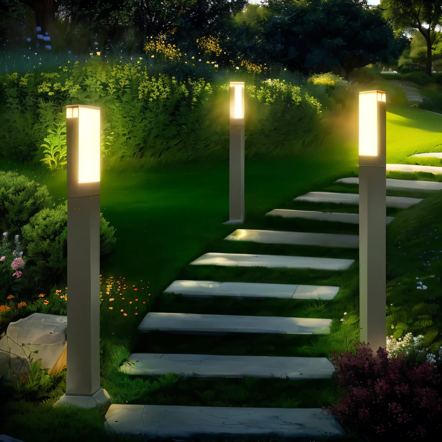 outdoor，((Green plants，grassland，Flowers))Close-up of a path with steps leading to a lawn, Outdoor Lighting,  Soft outdoor lighting, Warm light, bright vivid lights，8K，high-definition，Reality，Photographic works