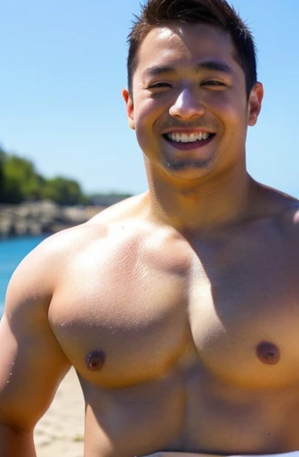 ((highest quality)), ((masterpiece)), (detailed), Japanese、Big body man、Are fat、Short Hair、No beard、naked、white small swimsuit、large genitals、smile、Showing off his muscles
