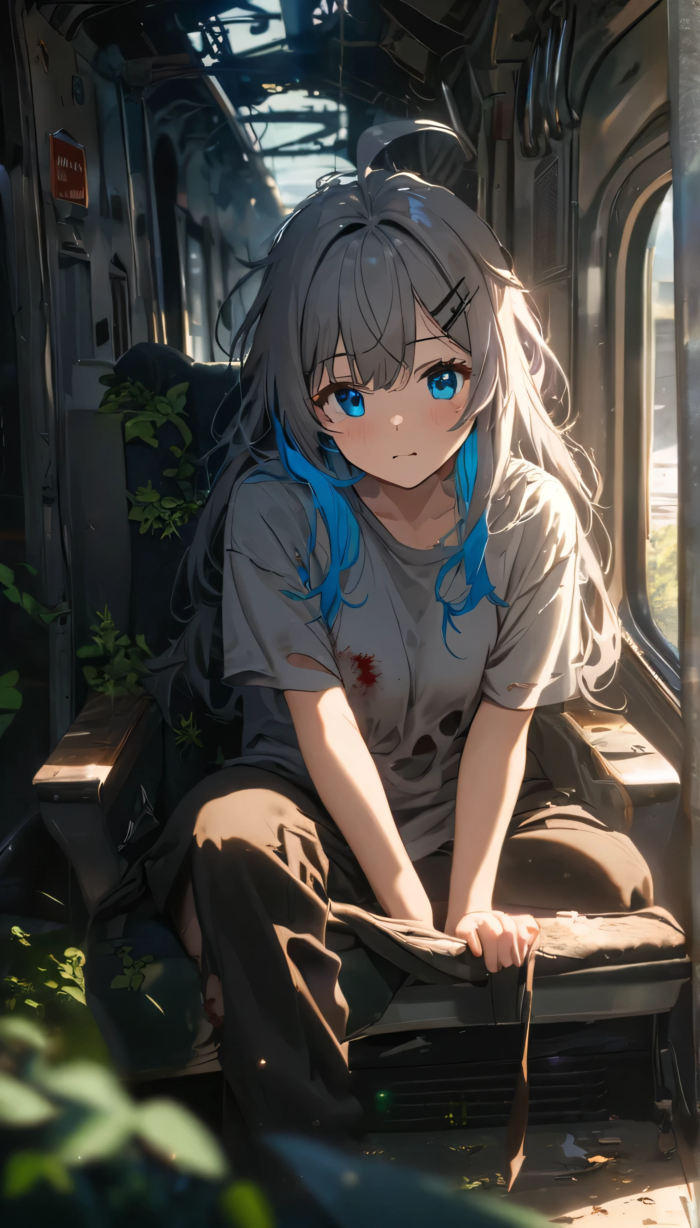 Resolution full, best quality, masterpiece, cinematic lighting, best photography, full HD, very sharpener, best art, very accurate, depth of field,  beautifull girl, waifu, very accurate, beautifull girl, super detailed, 1girl, solo, long hair, ahoge hair, Messy hair, silver hair, blue inner hair, black hair clip, detailed beautiful cyan eyes. grey T - shirt oversized, wound, dirty, (torn t-shirts, holey t-shirts, inside a destroyed train, girl sitting on a train seat, broken train window, train full of plants, overgrown train, destroyed train, post apocalypse, daytime, particle bokeh, sunlight), (Tired, tired expression), Depth of field.