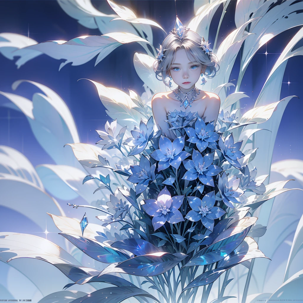 Her hair is covered with beautiful and delicate flowers., Crystal jewelry filigree,jewelry,Extremely detailed,Beautiful noble girl,Elegantly styled white hair,(((Silver))),Money。Clear blue and purple eyes,crystallization,fantasy