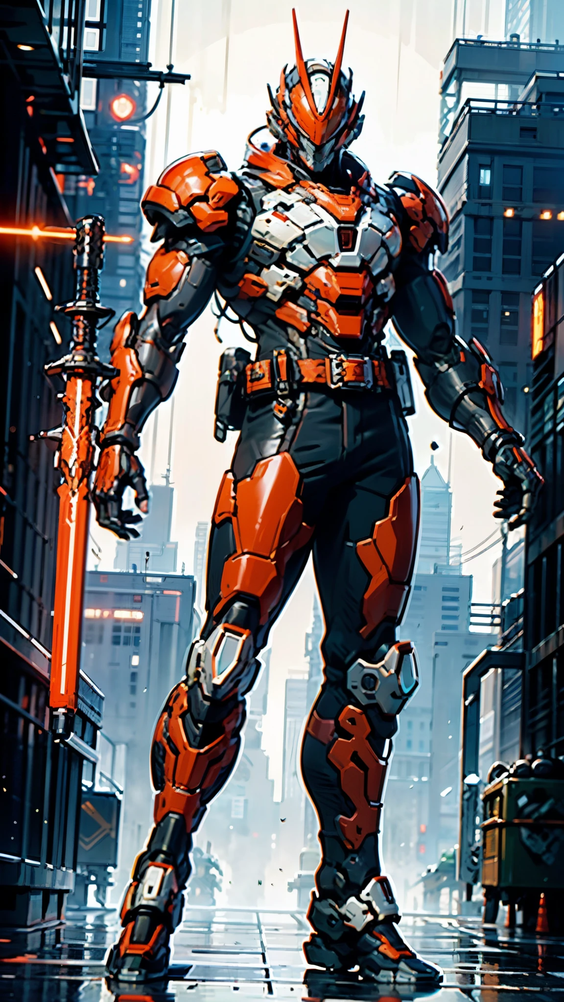 A man wearing a full-face helmet, a fantasy-style biotech armored combat suit, green eyes, (a composite layered chest armor), fully enclosed shoulder guards, matching arm and leg guards, the belt is adorned with dragon claw grasping orbs, (primarily black with red accents), the design balances heavy with agility, a high-tech bio-mecha armor, (Dynastinae concept Armor, stand on the top of a skyscraper in a futuristic sci-fi city), this character embodies a finely crafted fantasy-surreal style armored hero in anime style, exquisite and mature manga art style, (element, plasma, energy, the armor glows), ((male:1.5)), metallic, real texture material, dramatic, high definition, best quality, highres, ultra-detailed, ultra-fine painting, extremely delicate, professional, perfect body proportions, golden ratio, anatomically correct, symmetrical face, extremely detailed eyes and face, high quality eyes, creativity, RAW photo, UHD, 32k, Natural light, cinematic lighting, masterpiece-anatomy-perfect, masterpiece:1.5