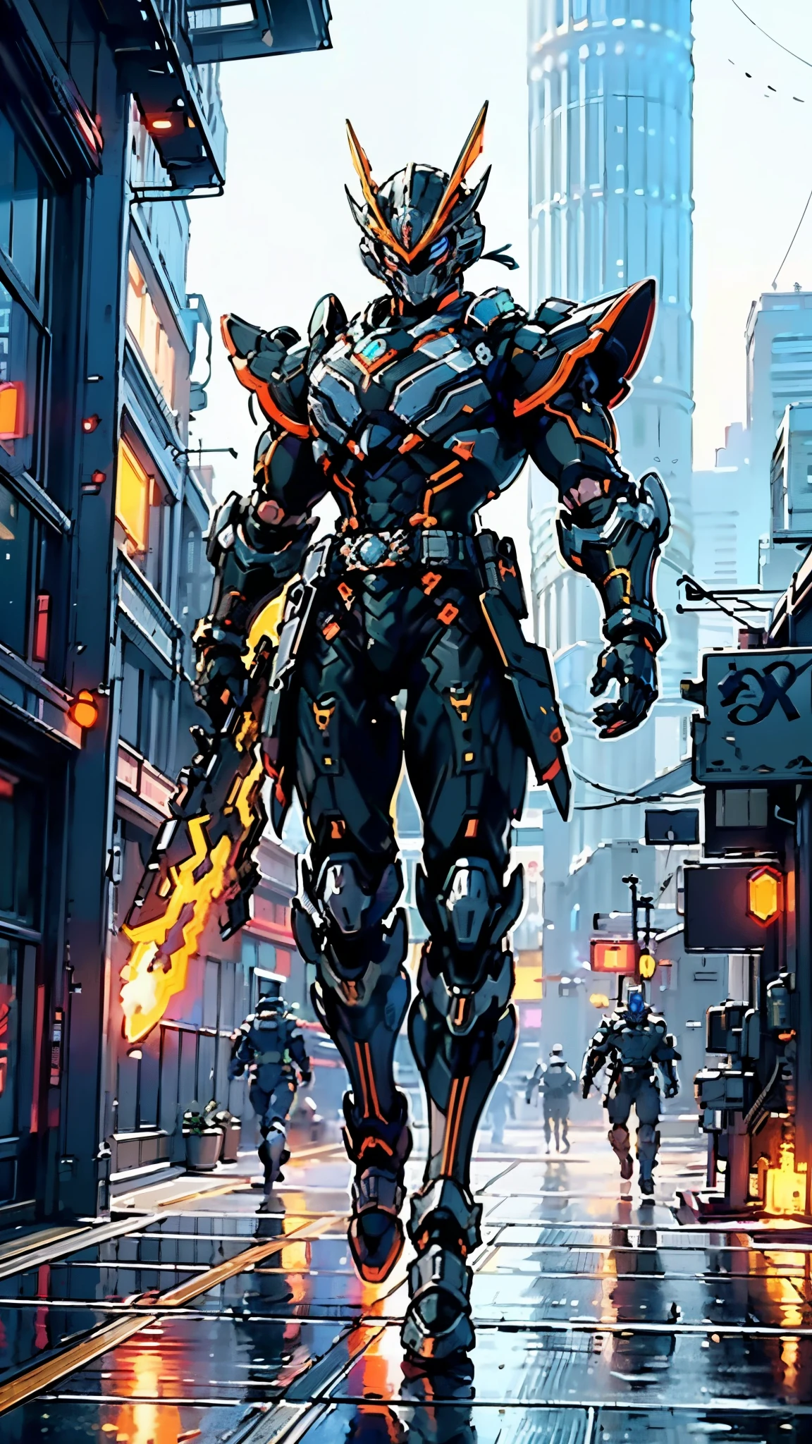 A man wearing a full-face helmet, a fantasy-style biotech armored combat suit, green eyes, (a composite layered chest armor), fully enclosed shoulder guards, matching arm and leg guards, the belt is adorned with dragon claw grasping orbs, (primarily black with red accents), the design balances heavy with agility, a high-tech bio-mecha armor, (Dynastinae concept Armor, stand on the top of a skyscraper in a futuristic sci-fi city), this character embodies a finely crafted fantasy-surreal style armored hero in anime style, exquisite and mature manga art style, (element, plasma, energy, the armor glows), ((male:1.5)), metallic, real texture material, dramatic, high definition, best quality, highres, ultra-detailed, ultra-fine painting, extremely delicate, professional, perfect body proportions, golden ratio, anatomically correct, symmetrical face, extremely detailed eyes and face, high quality eyes, creativity, RAW photo, UHD, 32k, Natural light, cinematic lighting, masterpiece-anatomy-perfect, masterpiece:1.5