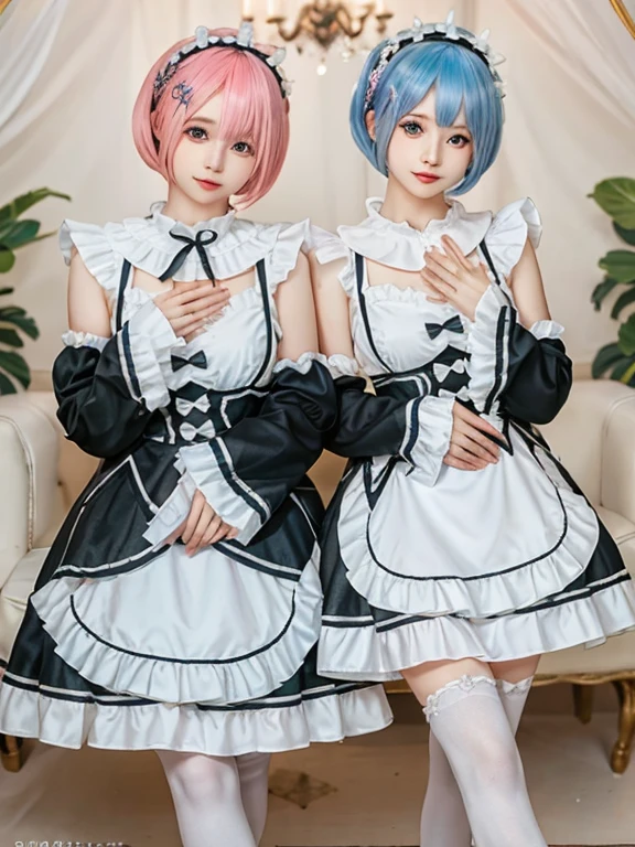 Accurate depiction with high resolution,(8K, Photorealistic, Raw photo, of the highest quality: 1.3), (1girl in), Super beautiful, (Realistic face), (boyish, pink Color Berry Shorthair), Beautiful , Glare that captivates the viewer, Beautiful expression, Beautiful breasts, (Realistic skin), Be...Create a detailed and colorful image of Ram and Rem from Re:Zero, standing back-to-back in their maid outfits, with a magical fantasy background、14years old, two girls,cute, perfect face, beautiful, nice body, gothic lolita clothes, gothic lolita fashion, frilly skirt, headdress, necklace, bracelet, knee-high socks, boots, double eyelids, tear bags, Detailed down to the fingers, photo-like description, indoors, dim indoor lighting, one girl is pink hair and short bob, another girl is light blue hair and short bob,standing,whole body, composition that shows the whole body, smiling,The Both of them are wearing the same type of maid outfit,Optimal ratio of 4 fingers and 1 thumb