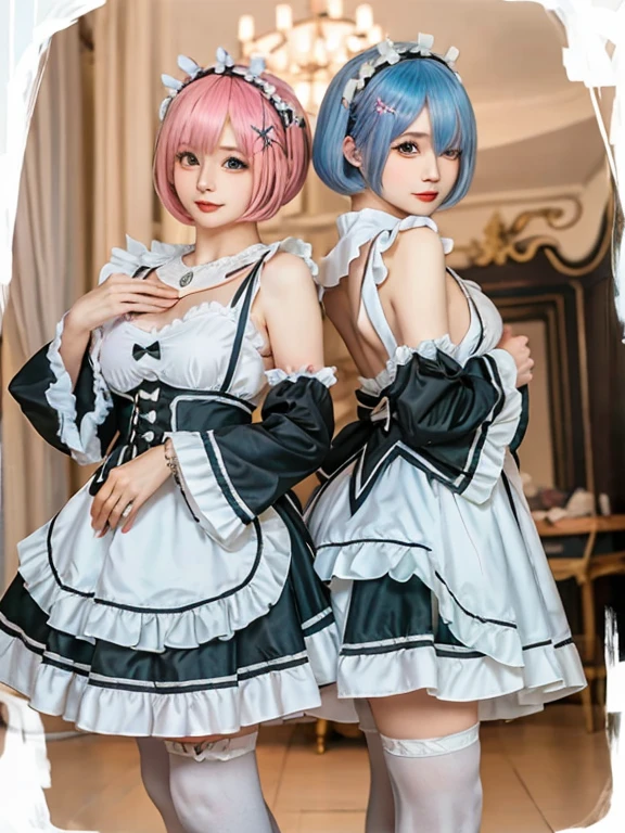 Accurate depiction with high resolution,(8K, Photorealistic, Raw photo, of the highest quality: 1.3), (1girl in), Super beautiful, (Realistic face), (boyish, pink Color Berry Shorthair), Beautiful , Glare that captivates the viewer, Beautiful expression, Beautiful breasts, (Realistic skin), Be...Create a detailed and colorful image of Ram and Rem from Re:Zero, standing back-to-back in their maid outfits, with a magical fantasy background、14years old, two girls,cute, perfect face, beautiful, nice body, gothic lolita clothes, gothic lolita fashion, frilly skirt, headdress, necklace, bracelet, knee-high socks, boots, double eyelids, tear bags, Detailed down to the fingers, photo-like description, indoors, dim indoor lighting, one girl is pink hair and short bob, another girl is light blue hair and short bob,standing,whole body, composition that shows the whole body, smiling,The Both of them are wearing the same type of maid outfit,Optimal ratio of 4 fingers and 1 thumb