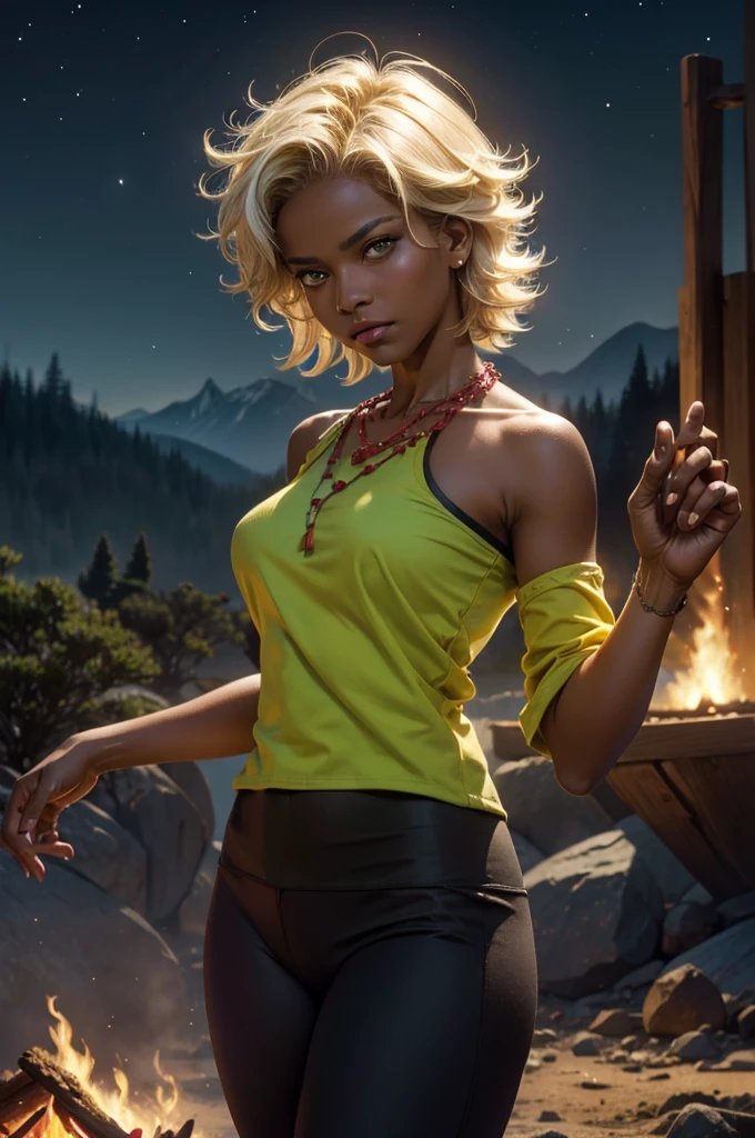 arslanaltan, 1girl, blonde hair, short hair, green eyes, dark skin, brown skin, hair ornament, t-shirt, bare shoulders, yoga pants, necklace, (Masterpiece, Best Quality, Highres:1.2), Detailed, Intricate Details, 4K, solo, cowboy shot, high rating, standing, forest, glade, bonfire, crowd, night, stars, moon closed mouth, serious look, serious expression, looking at viewer,