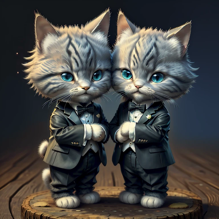 highest quality,Very detailed,Realistic,(photoRealistic:1.37),《Cat in clothes》、Anthropomorphic performance、Shaggy black cat,Adorable,soft,fuzzy,Playful,Expressive blue eyes,small, Rounded body,Small feet、Doing Tai Chi,Warm lighting,Are standing、suit、tuxedo、《1Animals》、