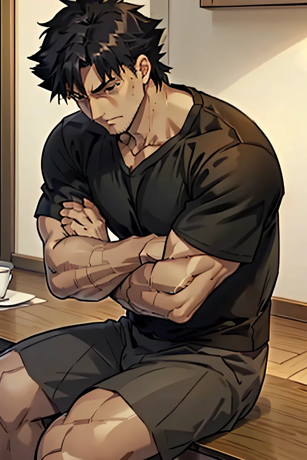 Kiritsugu Emiya is sitting in a black tshirt with short sleeves and wearing black boxershorts and is flexing his right bicep. He has many huge veins on his arms. His boxershorts are rolled up and you can see his thighs. He is admiring his thighs.