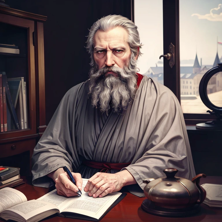 ,bgrtpainting, old magician sitting at the desk in old castle tower,ultra long white beard,gray-haired, writing, magician clothes, long robe