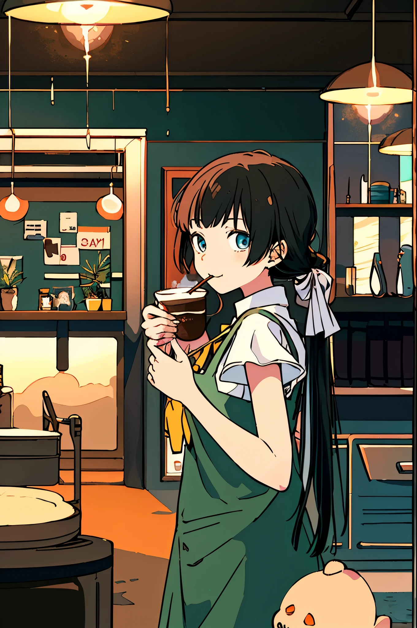 Anime Art Wallpapers 8K, 4K Anime Style, Anime Wallpaper, One Woman、Cafe staff、random、Soft look、Cute atmosphere、Female university student、cawaii、Stylish atmosphere、Eyes twinkle、Shake your head、coffee、I work in a cafe、Looking Back、Trying to tie my hair、Holding a hair tie in her mouth