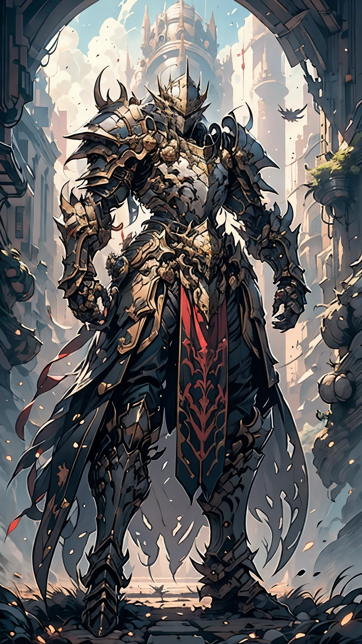A man wearing a full-face helmet, a fantasy-style biotech armored combat suit, green eyes, (a composite layered chest armor), fully enclosed shoulder guards, matching arm and leg guards, the belt is adorned with dragon claw grasping orbs, (primarily black with red accents), the design balances heavy with agility, a high-tech bio-mecha armor, (Dynastinae concept Armor, stand on the top of a skyscraper in a futuristic sci-fi city), this character embodies a finely crafted fantasy-surreal style armored hero in anime style, exquisite and mature manga art style, (element, plasma, energy, the armor glows), ((male:1.5)), metallic, real texture material, dramatic, high definition, best quality, highres, ultra-detailed, ultra-fine painting, extremely delicate, professional, perfect body proportions, golden ratio, anatomically correct, symmetrical face, extremely detailed eyes and face, high quality eyes, creativity, RAW photo, UHD, 32k, Natural light, cinematic lighting, masterpiece-anatomy-perfect, masterpiece:1.5