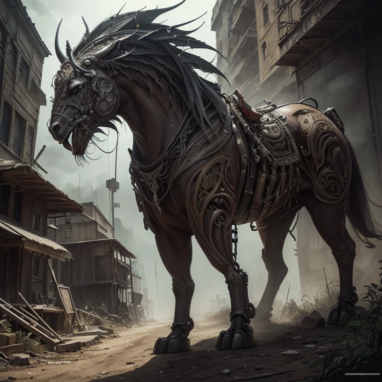 In a post-apocalyptic world, biomechanical hybrids emerge, Embossing Artwork, Wild West style, (masterpiece, best quality, Professional, perfect composition, very aesthetic, absurdres, ultra-detailed, intricate details:1.3)