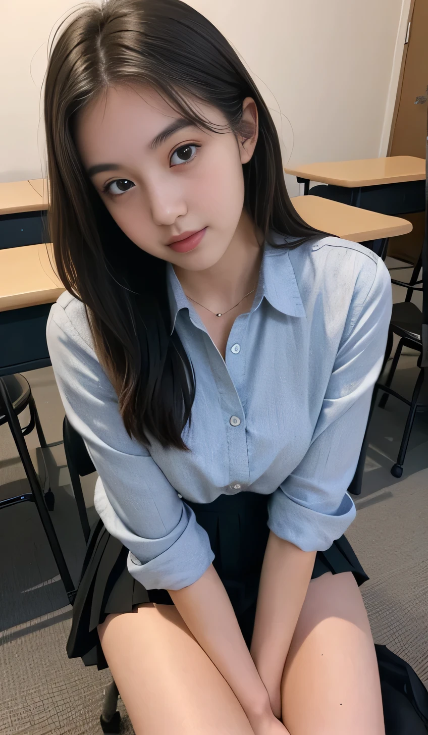 (masutepiece), (pov close up), Best Quality, masutepiece, (Photorealistic:1.2), 1womanl, selphie,  Front view, Realistic skin, (Round face), hair messy, Brown hair, human skin imperfection, Blackout lighting, Full body,Backshots、sideshot、Being in the classroom、chalk board、Japanese high school  girl、You can see the bulge of the large chest under the button shirt with a collar、Short pleated skirt  sitting on chair