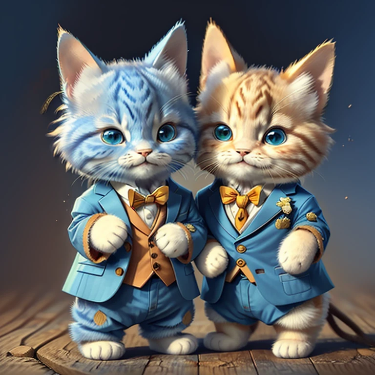 highest quality,Very detailed,Realistic,(photoRealistic:1.37),《Cat in clothes》、Anthropomorphic performance、Shaggy calico cat,Adorable,soft,fuzzy,Playful,Expressive blue eyes,small, Rounded body,Small feet、Doing Tai Chi,Warm lighting,Are standing、suit、tuxedo、《1Animals》、
