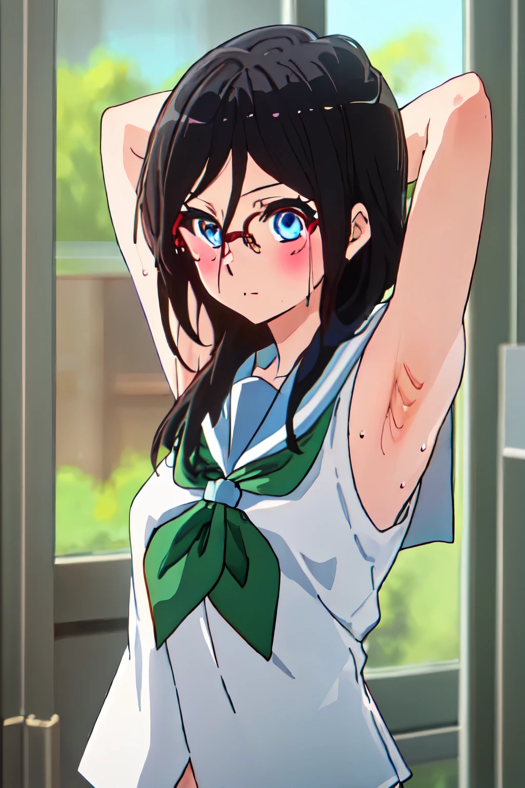 best quality, masterpiece, highres, solo, {tanaka_asuka_soundeuphonium:1.15}, black_hair, long_hair, glasses, blue_eyes, blush, red-framed_eyewear, serafuku, over-rim_eyewear, semi-rimless_eyewear, closed_mouth, hair_between_eyes, 1girl, green_neckerchief, kitauji_high_school_uniform, opaque_glasses, school_uniform, neckerchief, sweaty, rising hands showing armpits 