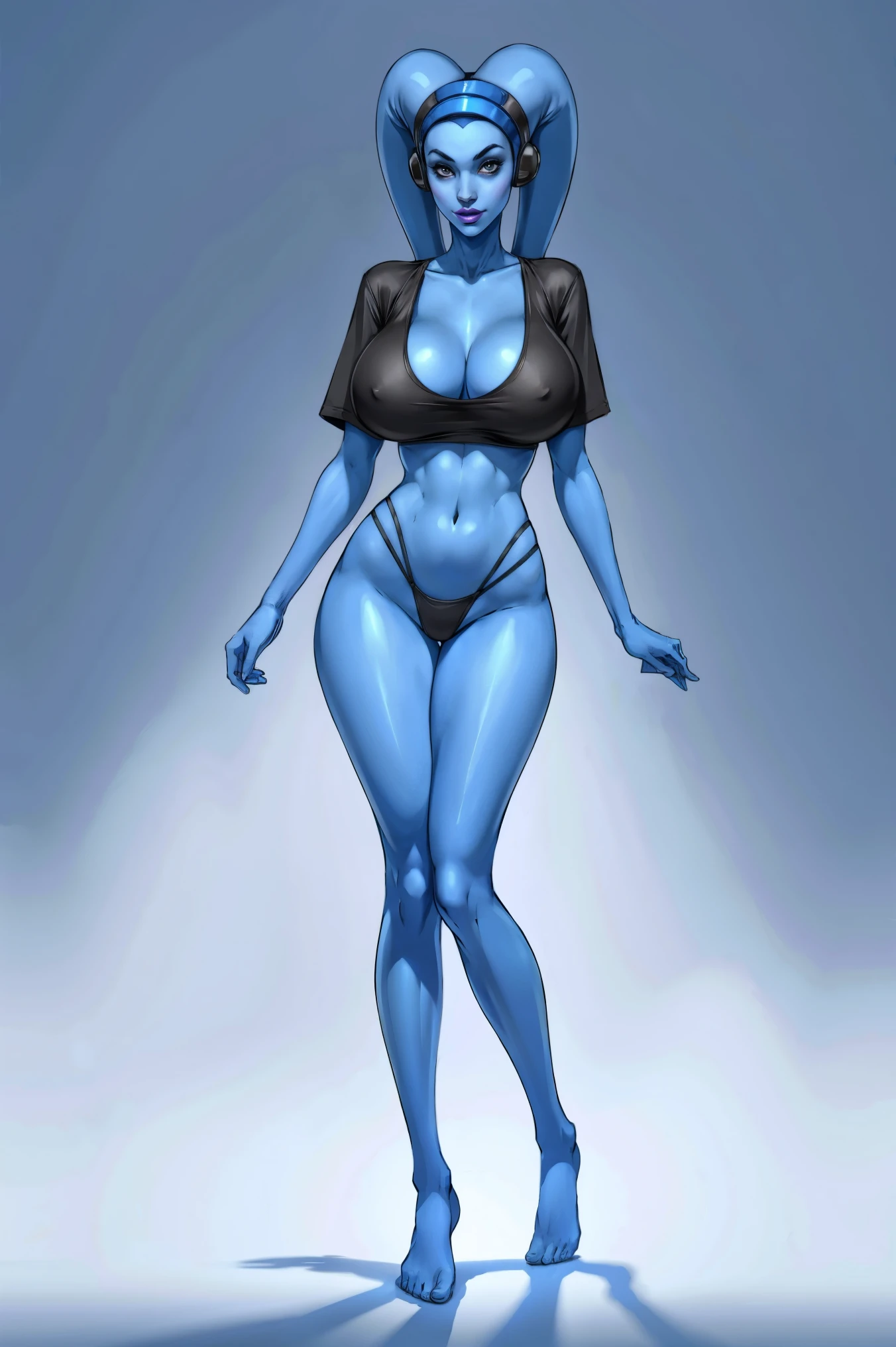 Tall, (thin), Blue Skin Twi'lek with (huge breasts) wearing an oversized t-shirt, panties, huge breasts, tall, graceful, (tall), slim hips, small waist, full-body shot