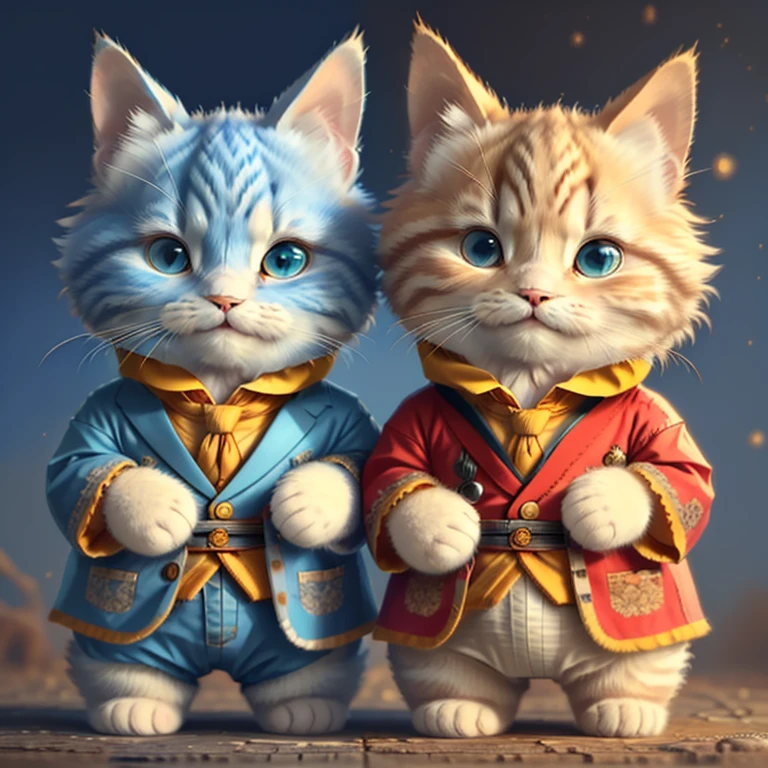 highest quality,Very detailed,Realistic,(photoRealistic:1.37),《Cat in clothes》、Anthropomorphic performance、Shaggy calico cat,Adorable,soft,fuzzy,Playful,Expressive blue eyes,small, Rounded body,Small feet、Doing Tai Chi,Warm lighting,Are standing、suit、tuxedo、《1Animals》、