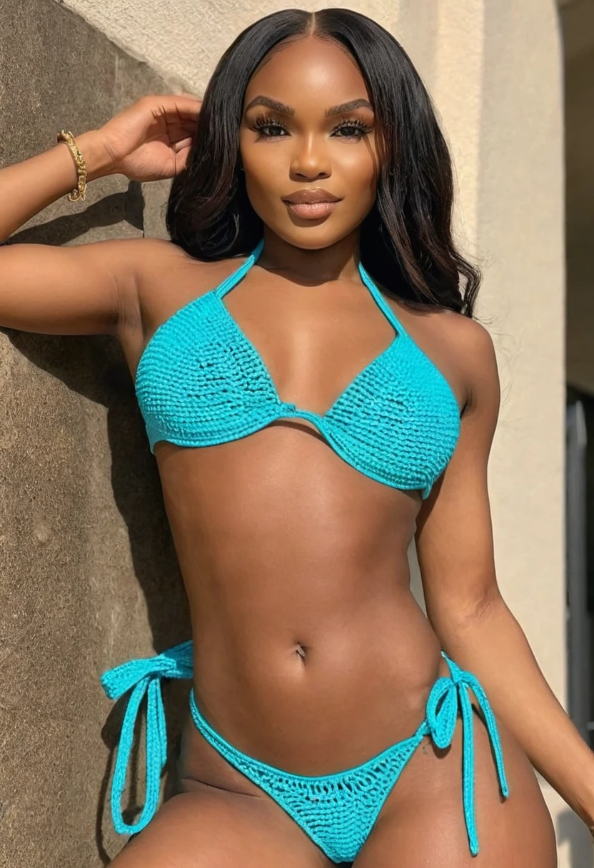 (best high quality:1.2), Work of art, (8k), extremely detailed, (High detail:1.2), ((perfect anatomy)), (Hotlexi woman), Solo, african female, ((micro bikini)),