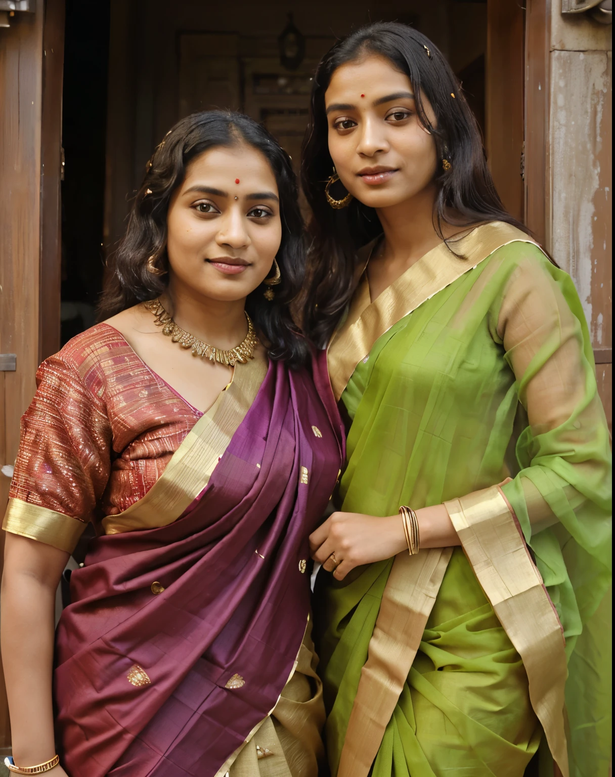 two women in saris standing next to each other in front of a doorway, wearing a sari, dressed in a sari, wearing sari, wearing jedi robes and a sari, wearing traditional garb, wearing bihu dress mekhela sador, wearing a steampunk sari, two women, traditional clothing, traditional clothes, with fluent cloths