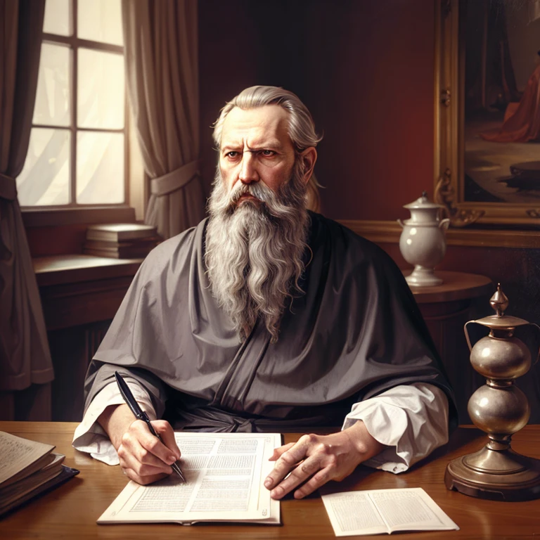 ,bgrtpainting, old magician sitting at the desk in old castle tower,ultra long white beard,gray-haired, writing, magician clothes, long robe