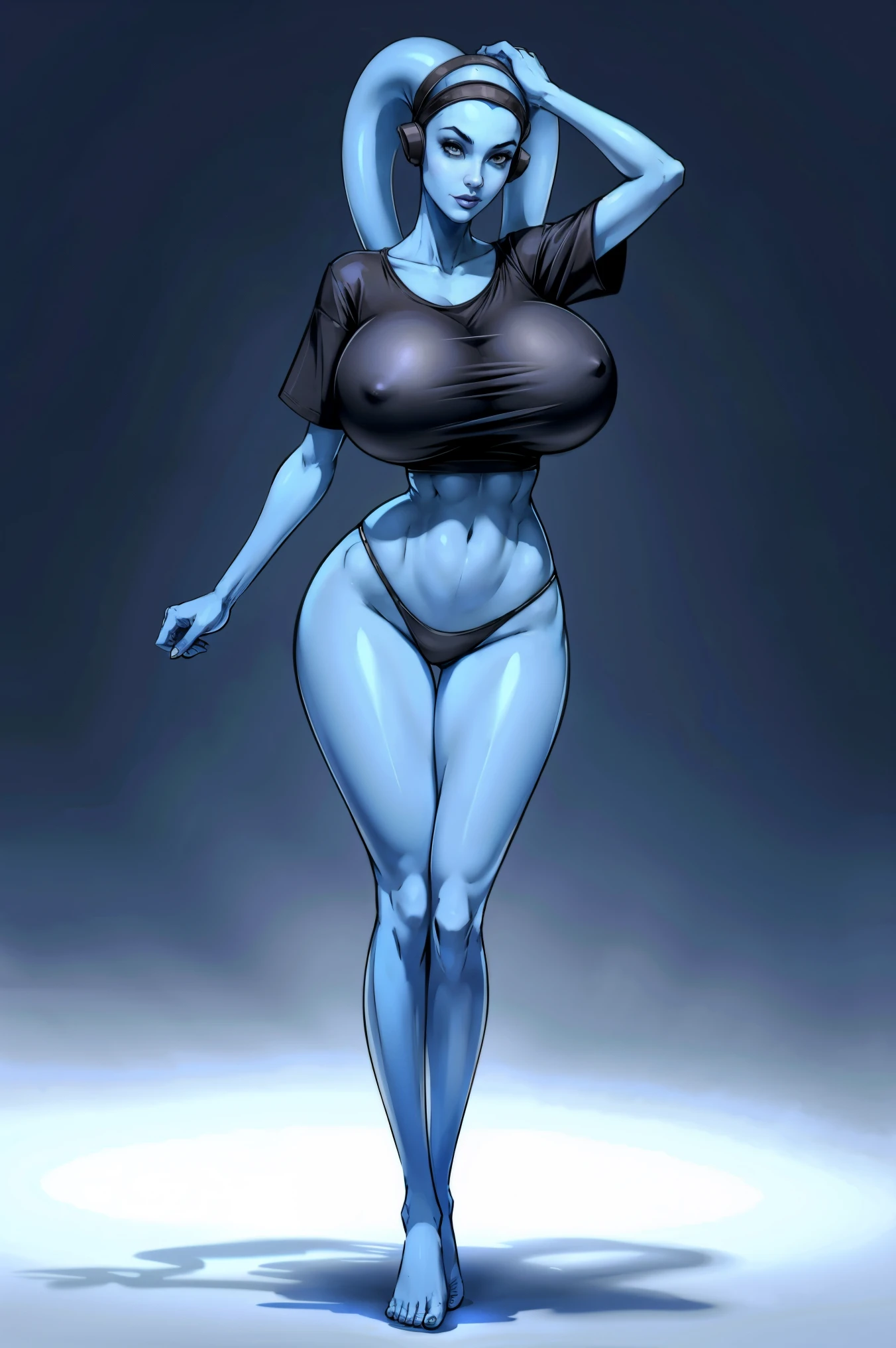 Tall, (thin), Blue Skin Twi'lek with (huge breasts) wearing an oversized t-shirt, panties, huge breasts, tall, graceful, (tall), slim hips, small waist, full-body shot