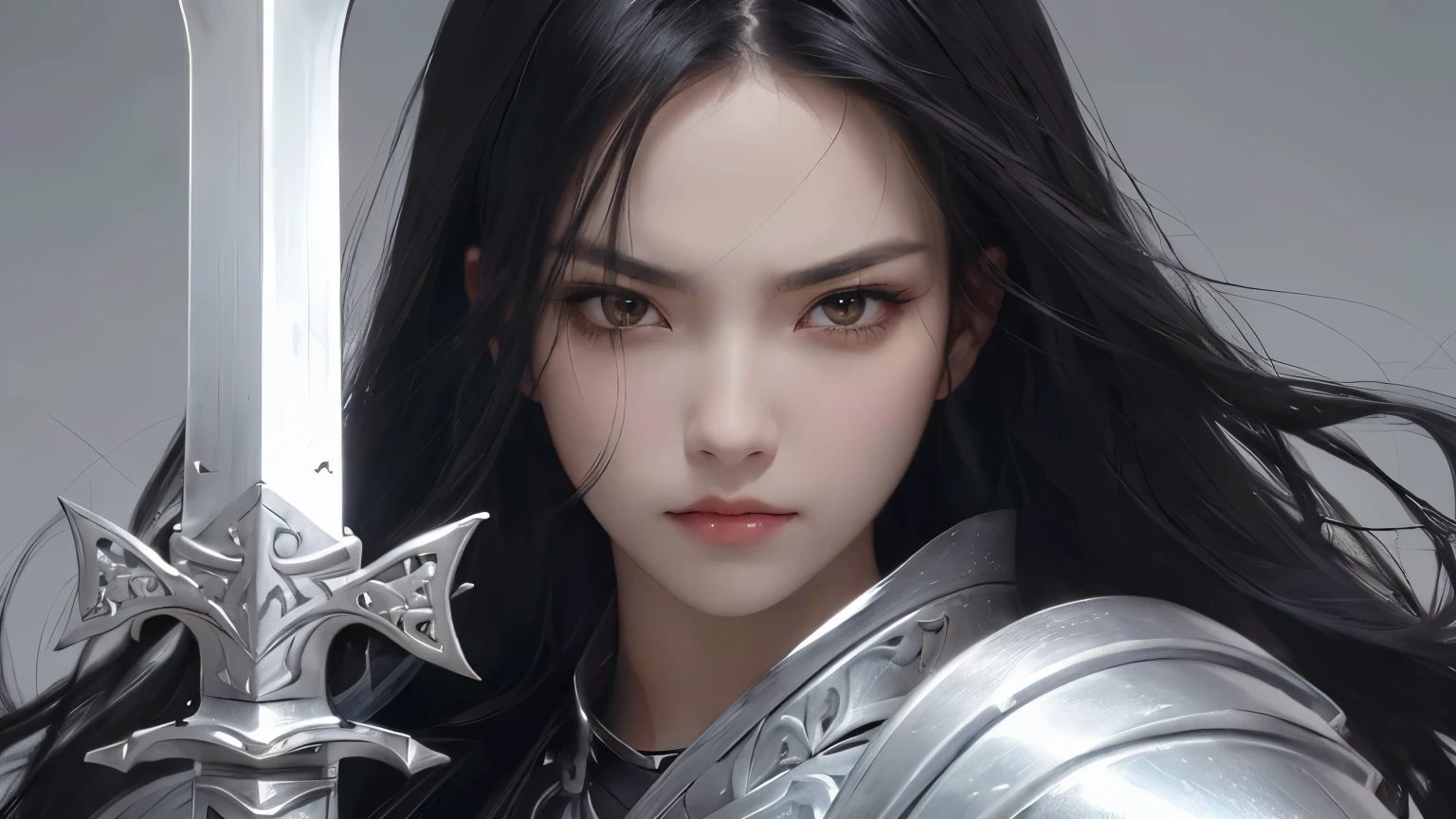A beautiful woman holding a long sword. Black hair. She wears beautiful silver-white armor. She is looking at the camera with an angry expression.