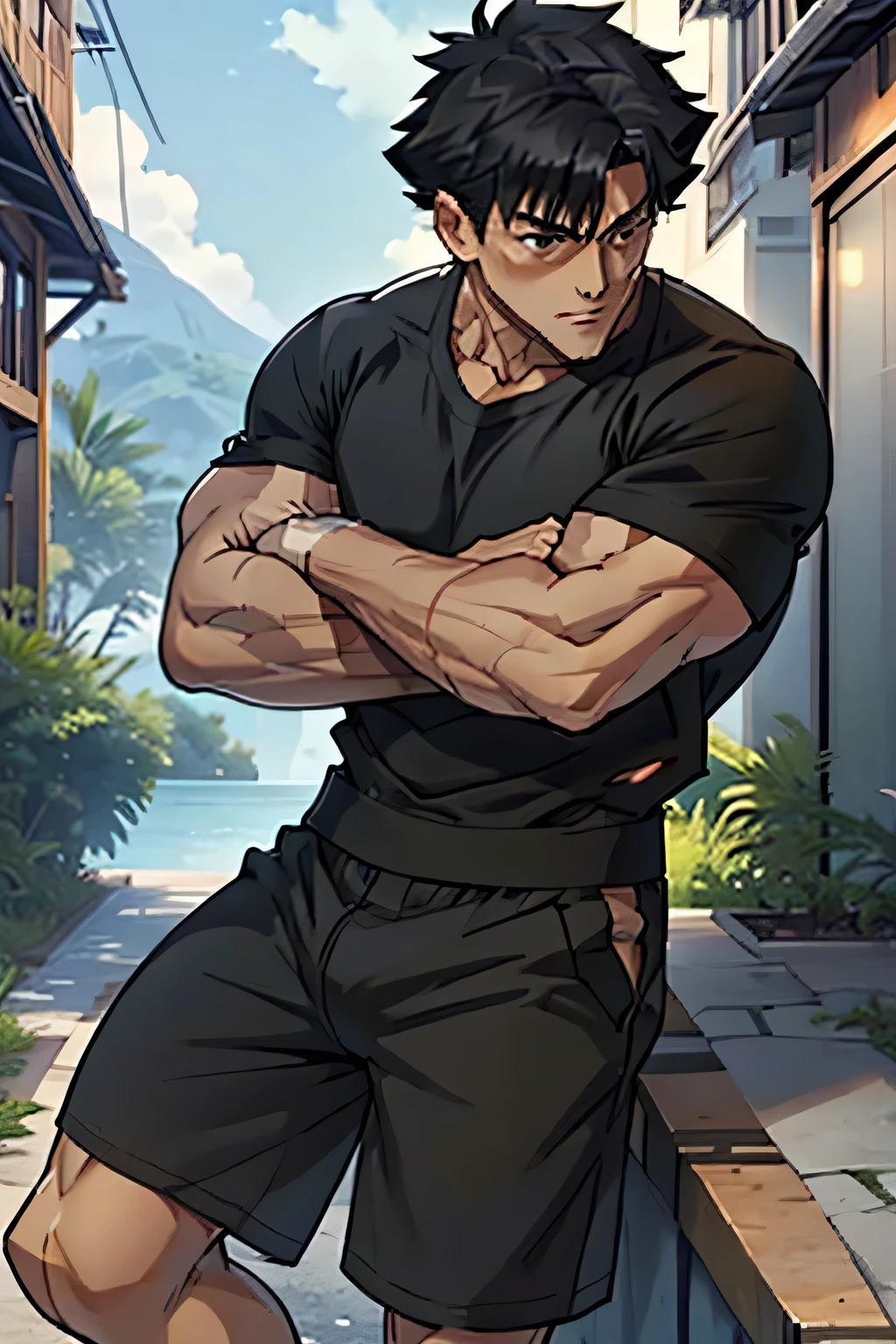 Kiritsugu Emiya is sitting in a black tshirt with short sleeves and wearing black boxershorts and is flexing his calfes. He has many huge veins on his arms. His boxershorts are rolled up and you can see his thighs and calfes. He is admiring his thighs.