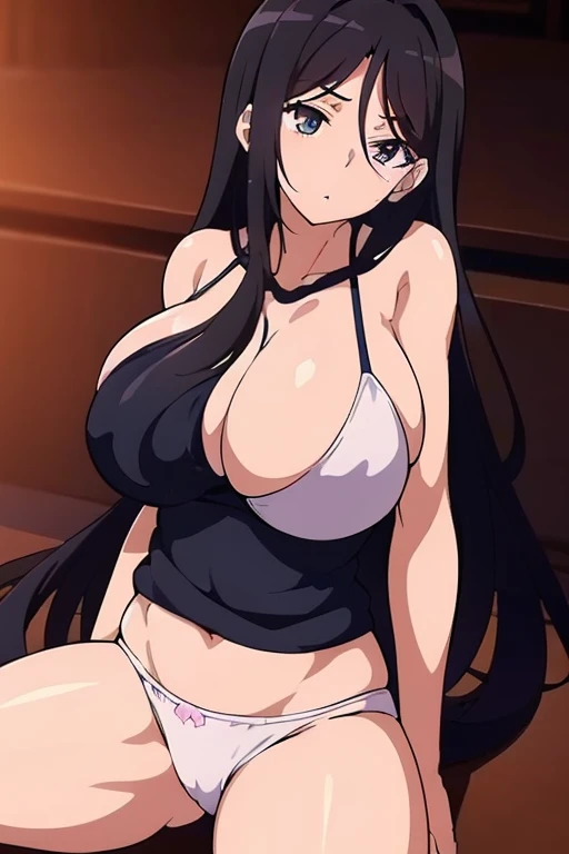 (masutepiece, Best Quality, High resolution, anime screen cap, anime colours, megami magazine:1.2, anime poster style, anime keyvisual, sharp, 8k, photorealistic), (beautiful eyes:1.5), Blowmailing, 1girl in, Cute, blush, (Long Black Hair:1.5), (Oversized large sagging breasts:1.5), cleavage, ((White Bikini:1.5, Thin fabric)), (on back:1.5, sleepy:1.5), cowboy shot, spread legs, ((Perfect Anatomy, beautifull detailed face, Beautiful detailed eyes, beautiful detailed hair, Beautiful detailed body)), thick outline, Beautiful outlines, black outlines