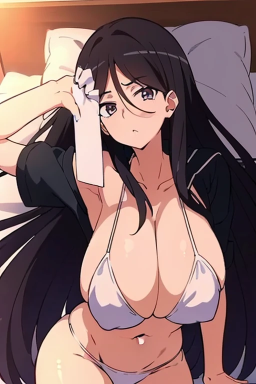 (masutepiece, Best Quality, High resolution, anime screen cap, anime colours, megami magazine:1.2, anime poster style, anime keyvisual, sharp, 8k, photorealistic), (beautiful eyes:1.5), Blowmailing, 1girl in, Cute, blush, (Long Black Hair:1.5), (Oversized large sagging breasts:1.5), cleavage, ((White Bikini:1.5, Thin fabric)), (on back:1.5, sleepy:1.5), cowboy shot, spread legs, ((Perfect Anatomy, beautifull detailed face, Beautiful detailed eyes, beautiful detailed hair, Beautiful detailed body)), thick outline, Beautiful outlines, black outlines