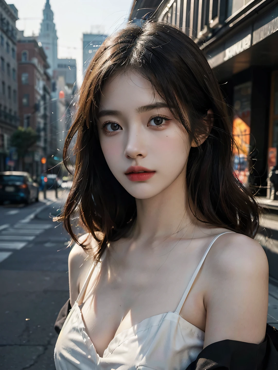 1girl, (looking at viewer:1.2), detail face, (a girl standing, rending on cgsociety, black shadows, streaming, new york backdrop), romanticism, atmospheric, (RAW photo, best quality), (realistic, photo-realistic:1.3), masterpiece, an extremely delicate and beautiful, extremely detailed, D cup，Cleavage translucent white tube top 1.5，