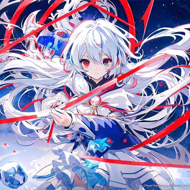 anime girl with long white hair holding a ice sword, ice magic circle, best anime 4k konachan wallpaper, white haired deity, zerochan art, anime art wallpaper 8 k, anime style 4 k, ufotable art style, detailed key anime art, anime art wallpaper 4 k, anime art wallpaper 4k, ryuko matoi, white haired, anime wallaper, (((heterochromia, blue and red eyes)))