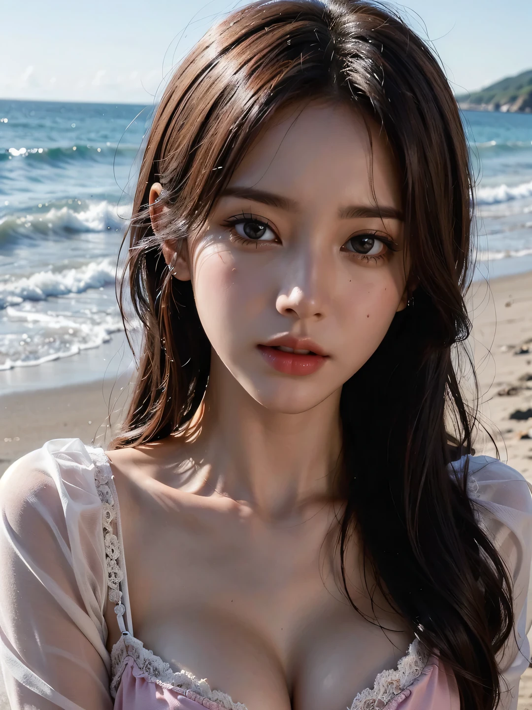 1girl, (looking at viewer:1.2), detail face, (a girl standing, rending on cgsociety, Beach backdrop), romanticism, atmospheric, (RAW photo, best quality), (realistic, photo-realistic:1.3), masterpiece, an extremely delicate and beautiful, extremely detailed, D cup,Half-length photo,(Wearing a translucent pink tulle dress1.5)