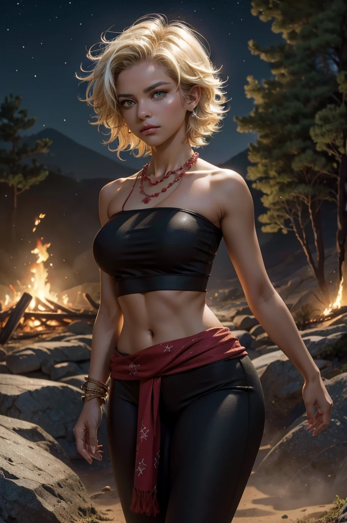 arslanaltan, 1girl, blonde hair, short hair, green eyes, dark skin, brown skin, hair ornament, t-shirt, bare shoulders, yoga pants, necklace, (Masterpiece, Best Quality, Highres:1.2), Detailed, Intricate Details, 4K, solo, cowboy shot, high rating, standing, forest, glade, bonfire, crowd, night, stars, moon, closed mouth, serious look, serious expression, looking at viewer,