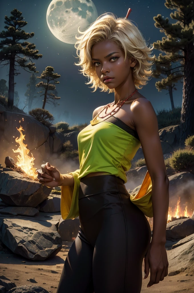 arslanaltan, 1girl, blonde hair, short hair, green eyes, dark skin, brown skin, hair ornament, t-shirt, bare shoulders, yoga pants, necklace, (Masterpiece, Best Quality, Highres:1.2), Detailed, Intricate Details, 4K, solo, cowboy shot, high rating, standing, forest, glade, bonfire, crowd, night, stars, moon, closed mouth, serious look, serious expression, looking at viewer,
