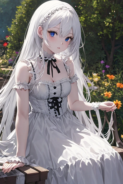 Cute girl,Highest,masterpiece,high resolution,Gothic,White Dress,Decorated,beautiful,White Hair,Long Hair,