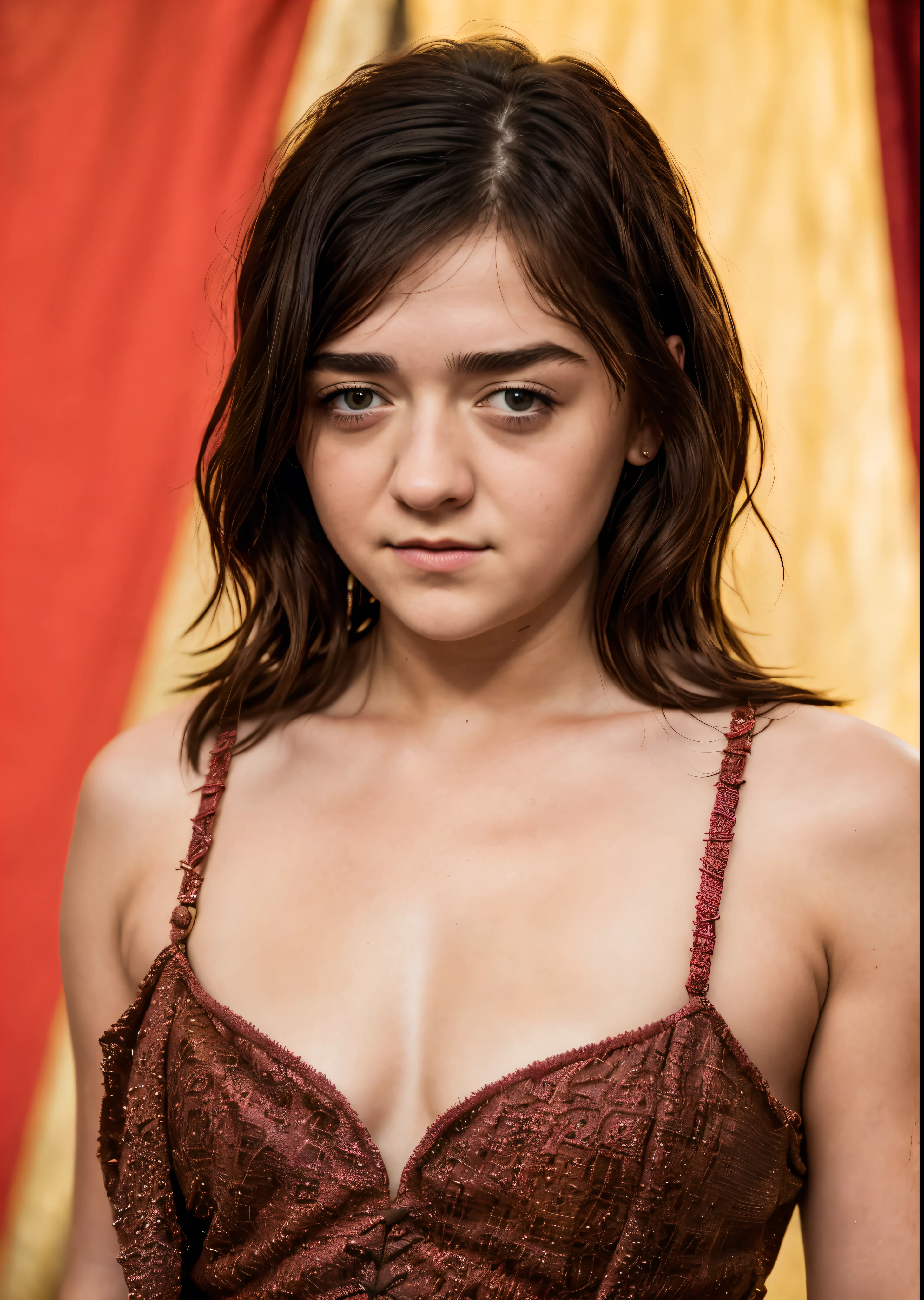 Foto RAW, RAW photograph of Maisie Williams, Arya Stark, Extremely gorgeous lady, Arya Stark PLAYED BY MAISIE WILLIAMS, Queen Arya Stark, she a mature woman now, milf, sexy mediaeval battle dress, gladiator woman, body, 40 years old Woman,styled hair, fantasy movie character, body revealing costumes, perky breast, skin pores, big natural breast, erotic costumes, lusty physique, seductive figure can capture every people's attention, Game of thrones costumes, revealing captivating figure, Mediaeval costumes, revealing clothes, A tomboy, she would rather fence than dance, warrior queen , game of thrones screen caps, Game of Thrones Series, (pele altamente detalhada: 1.2), 8k UHD, DSLR, soft-lighting, alta qualidade, grain of film, Fujifilm XT3, flawless picture, highly detailed, detailed Beauty, intricate, 32k, sharp picture,