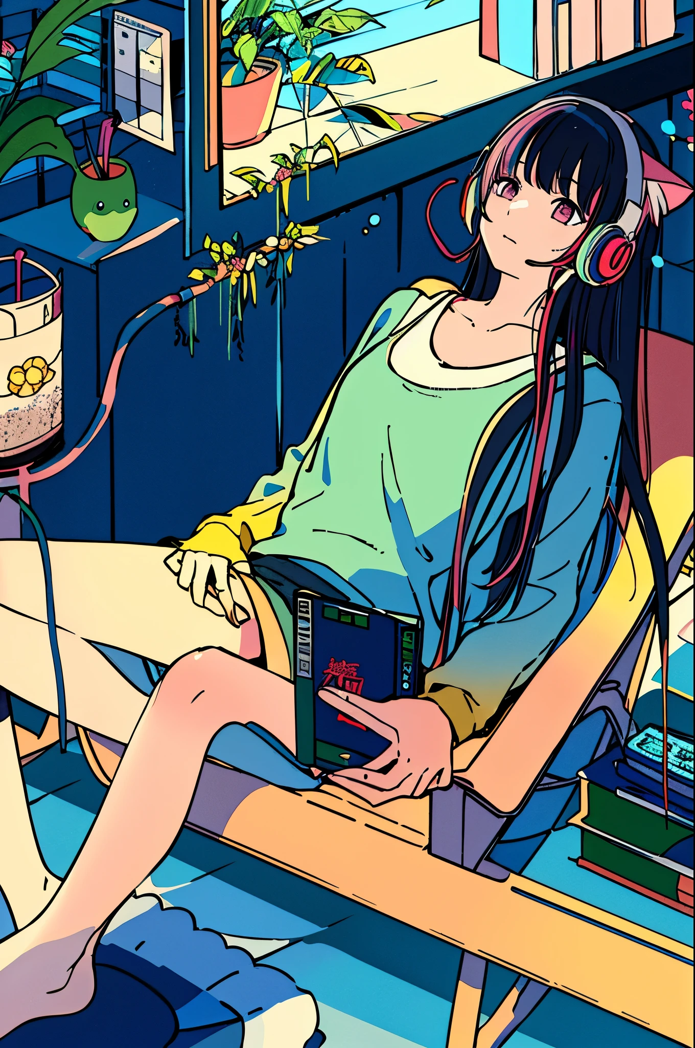 One Girl, From above, plant, Black Hair, Cat, Lying down, indoor, Holding, Long sleeve, Long Hair, 動物のstuffed toy, potted plant, Book, food, window, Telephone, Fully equipped interior, tv set, behind, stuffed toy, bangs, slipper, barefoot, Sitting, Bookcase, shelf, cable, computer、Tank top、headset、sexy、Pink Hair、windowに向かって背伸び、