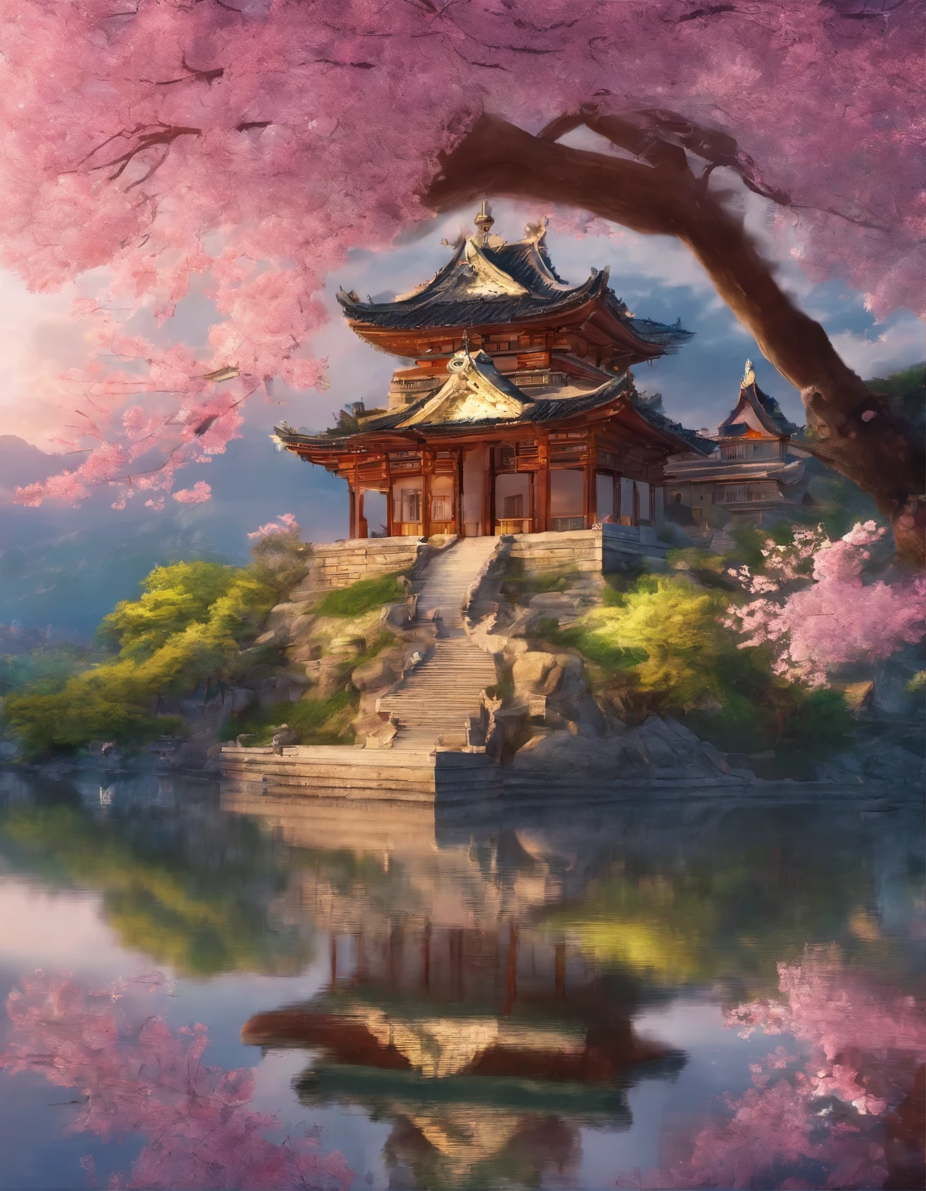 absurd, highres, ultra detailed, beautiful, masterpiece, best quality,Ancient temples, lush gardens, bright colors, quiet ponds, traditional architecture, cherry blossoms